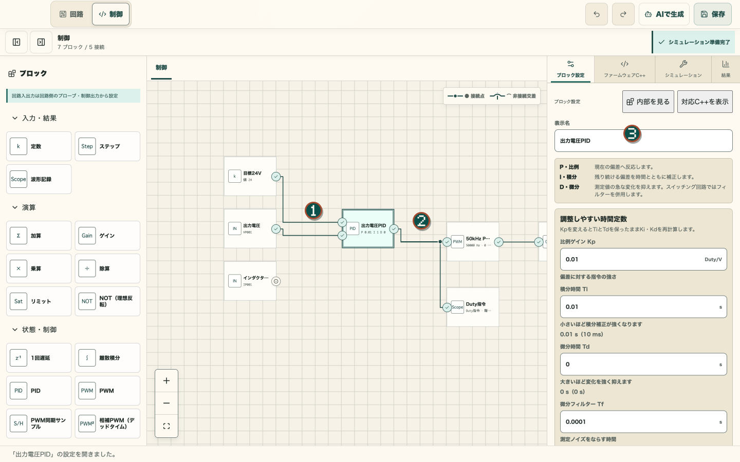 setpoint、measurement、PID、PWM、actuatorを接続したclosed-loop制御graph全体。信号経路に番号が付いている